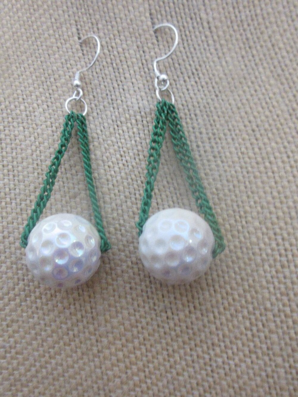 UV White Golf Earrings Green Chains Sterling Ear Wires Handmade in USA